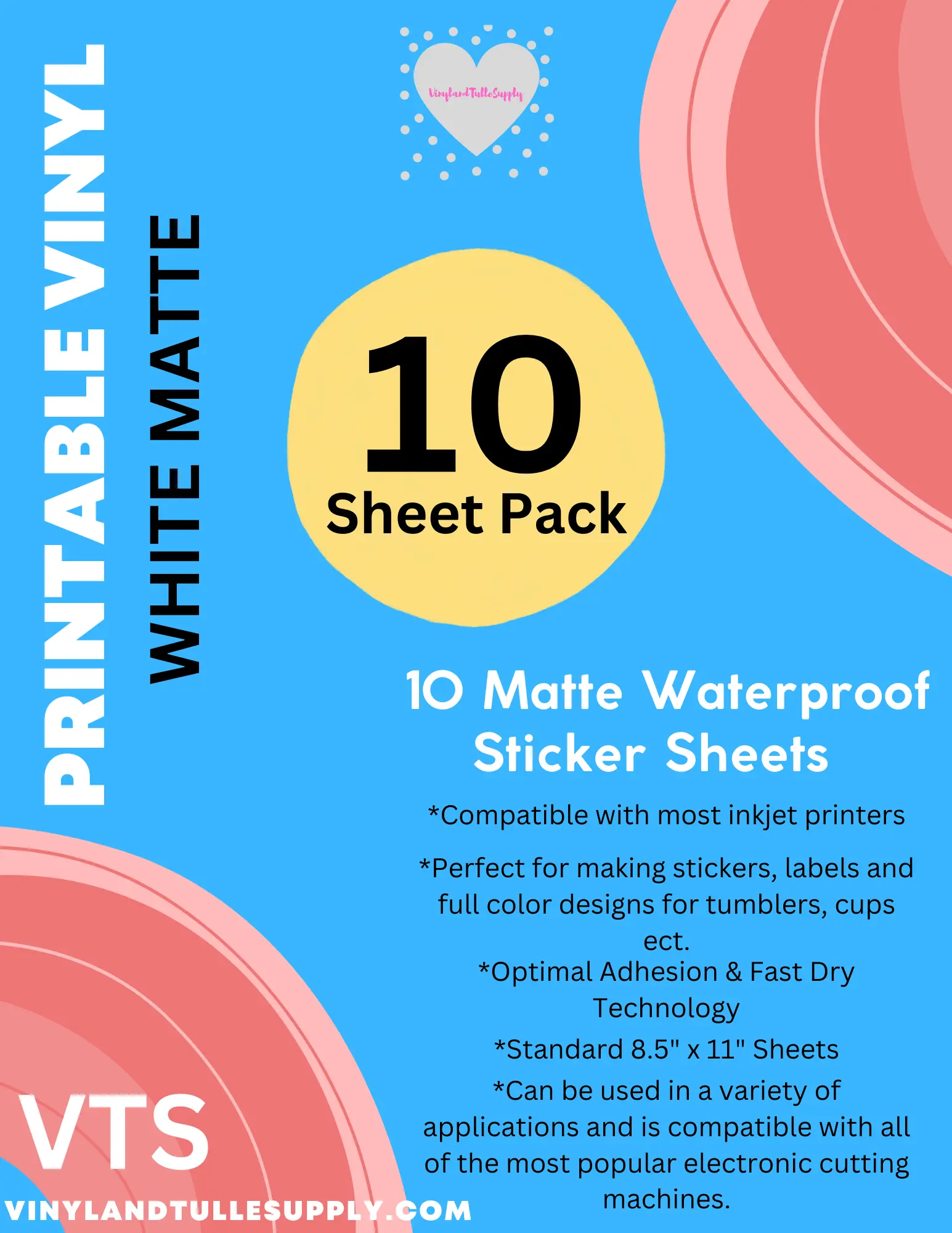 VTS Inkjet Printable White Matte Sticker Sheets - 10 Pack 8.5"x11" Permanent Glue Vinyl, Waterproof Adhesive, Fast Dry Tech, Full Color Designs, Optimal Adhesion for DIY Crafts (Toys & Hobbies Specialty DIY Supplies, Compatible with Most Inkjet Printers)