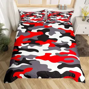 Feelyou Military Look Microfiber Duvet Cover Set - Queen Size 3Pcs Bedroom Bedding, Colorful Red Black White Camouflage Quilt Bedding, Machine Washable (No Comforter, Comforter Queen Size Compatible), Bedroom Bedding Set, Decorative Duvet Cover