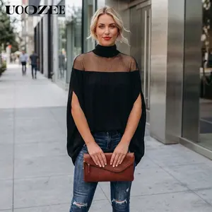 UOOZEE Women's Polyester High Neck Long Sleeves Turtleneck Blouse - Batwing, See-Through, Loose-Fit Knit Top for Minimalist Casual Everyday Wear, Longsleeves