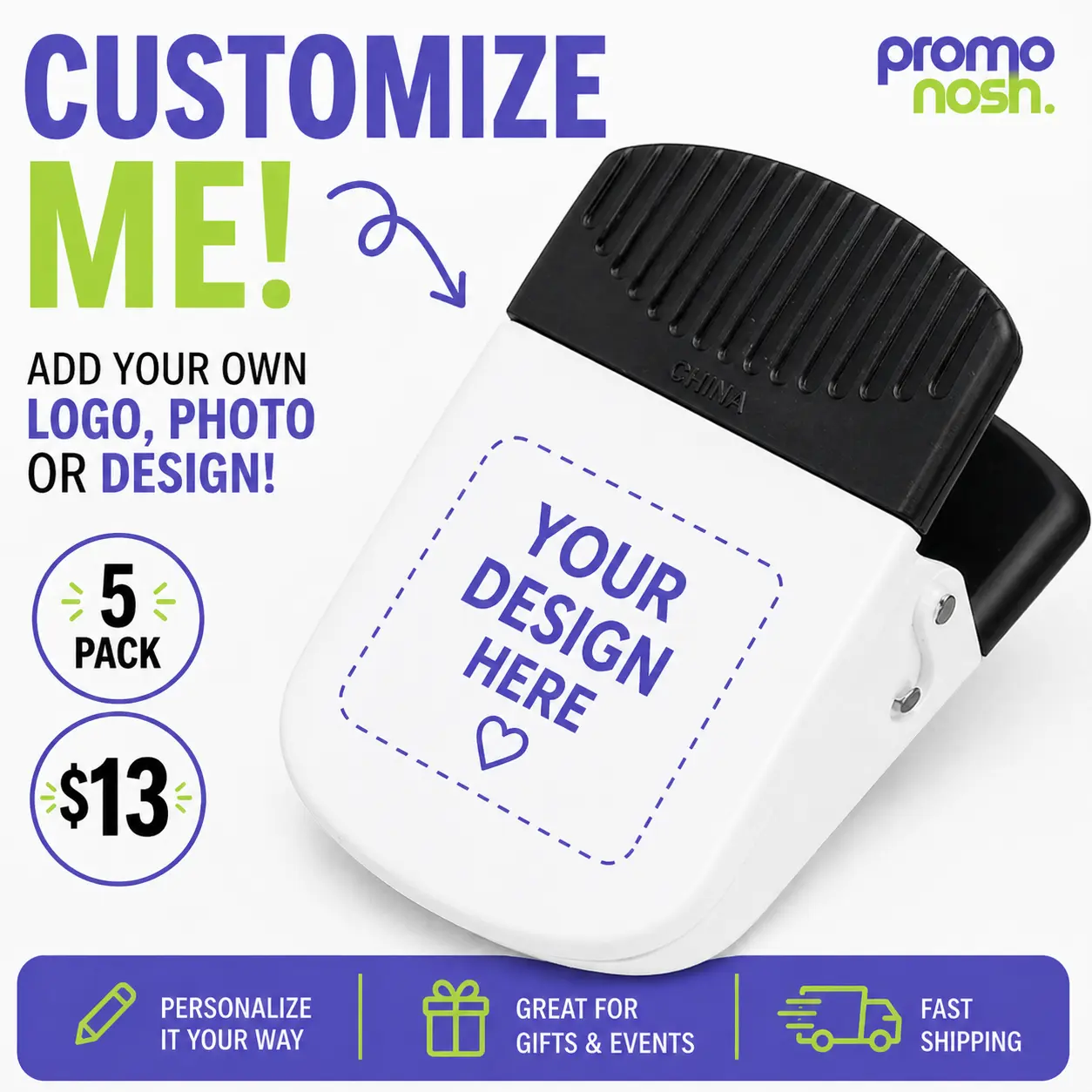 Custom Magnetic Clip (5 Pack) | Personalized Logo Photo Clip | Fridge Clip Holder | PromoNosh