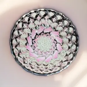 silver color Lotus Teacup Ceramic Matcha Set Circular Wooden Drinkware with Scallop Edge & White Floral Motif YSXQ0002