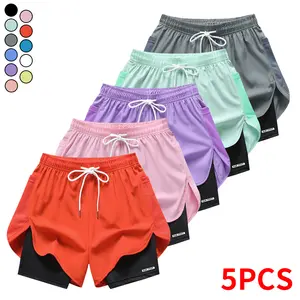 Set of 5 women’s athletic shorts—casual yoga shorts and beach shorts—with elastic waistband and drawstring design; double-layer anti-exposure activewear for fitness and leisure | Drawstring shorts | Side mesh pockets, quick-dry fabric summervibes