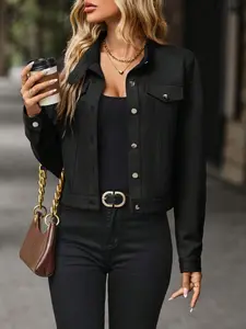 Women's Autumn Casual Stand Collar Long Sleeve Fitted Casual Fashionable Jacket Coat with Pockets & Buttons, Stylish Outerwear for Ladies, Perfect for Daily Wear Womenswear