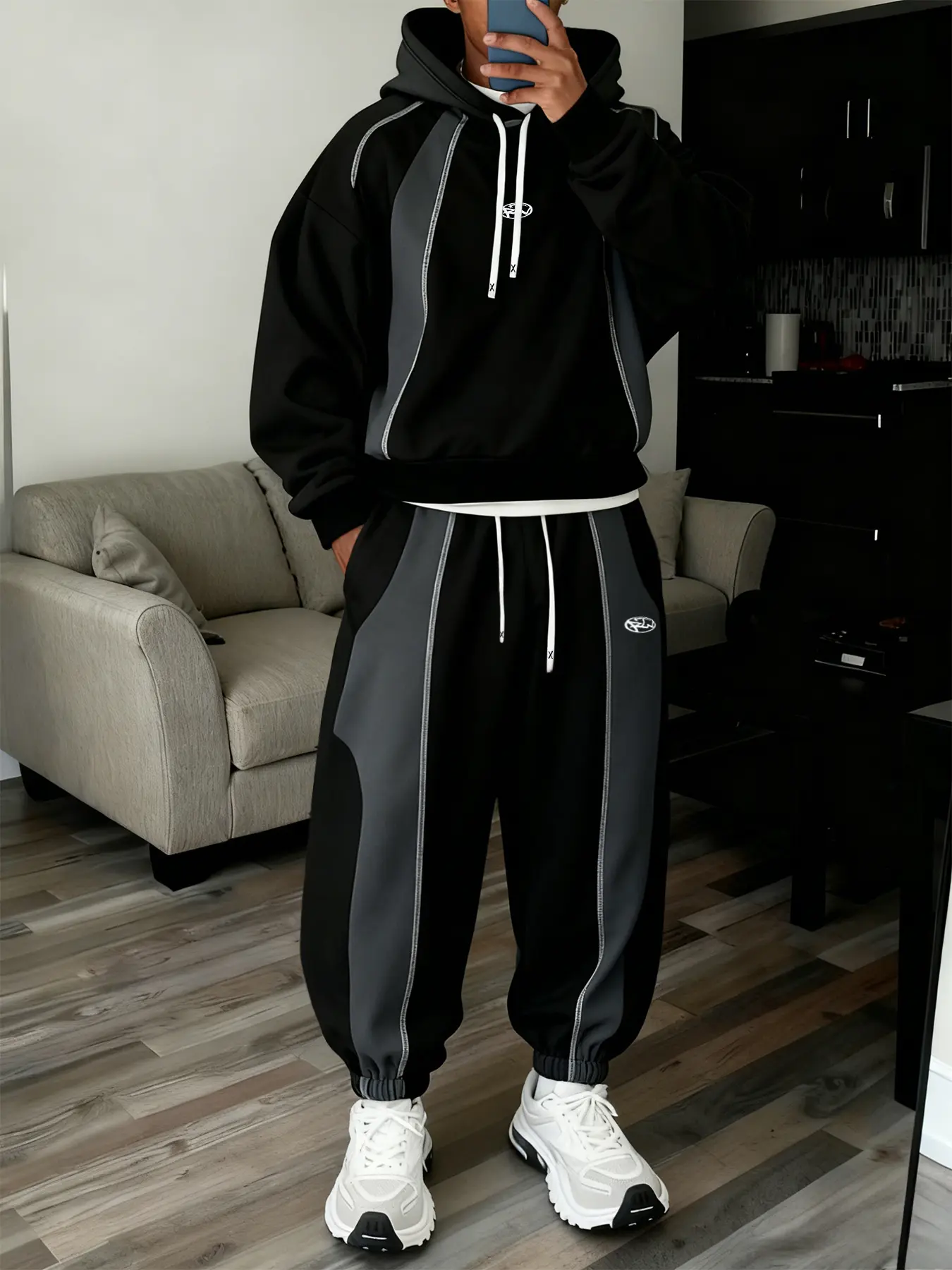 Unisex Street Style Menswear Patchwork Graphic Long Sleeve Hoodie Pants Set, Sweatsuit Set, Matching Sweat Set, Stylish, Fitted, Hip Hop Casual Fashion, Perfect for Street and Campus Wear