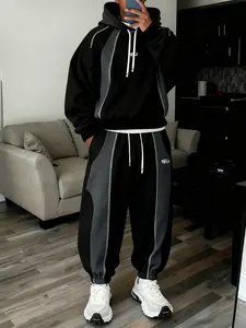 Unisex Street Style Patchwork Long Sleeve Hoodie Pants Set, Hip Hop Casual Fashion, Perfect for Street and Campus Wear