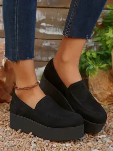 Women's Fashionable Solid Color Platform Loafers, Casual Comfortable Flatform Round Toe Rubber Slip-on Walking Shoes for Daily Wear, Female All-match Shoes for Daily Wear, Girl