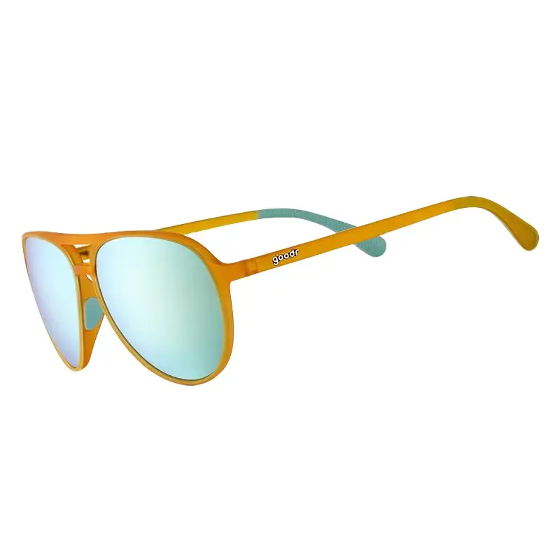 goodr Cheesy Flight Attendant Large Size (Mach G) Translucent Orange Frame with Light Blue Lens, UV400, No Slip No Bounce No Tangle