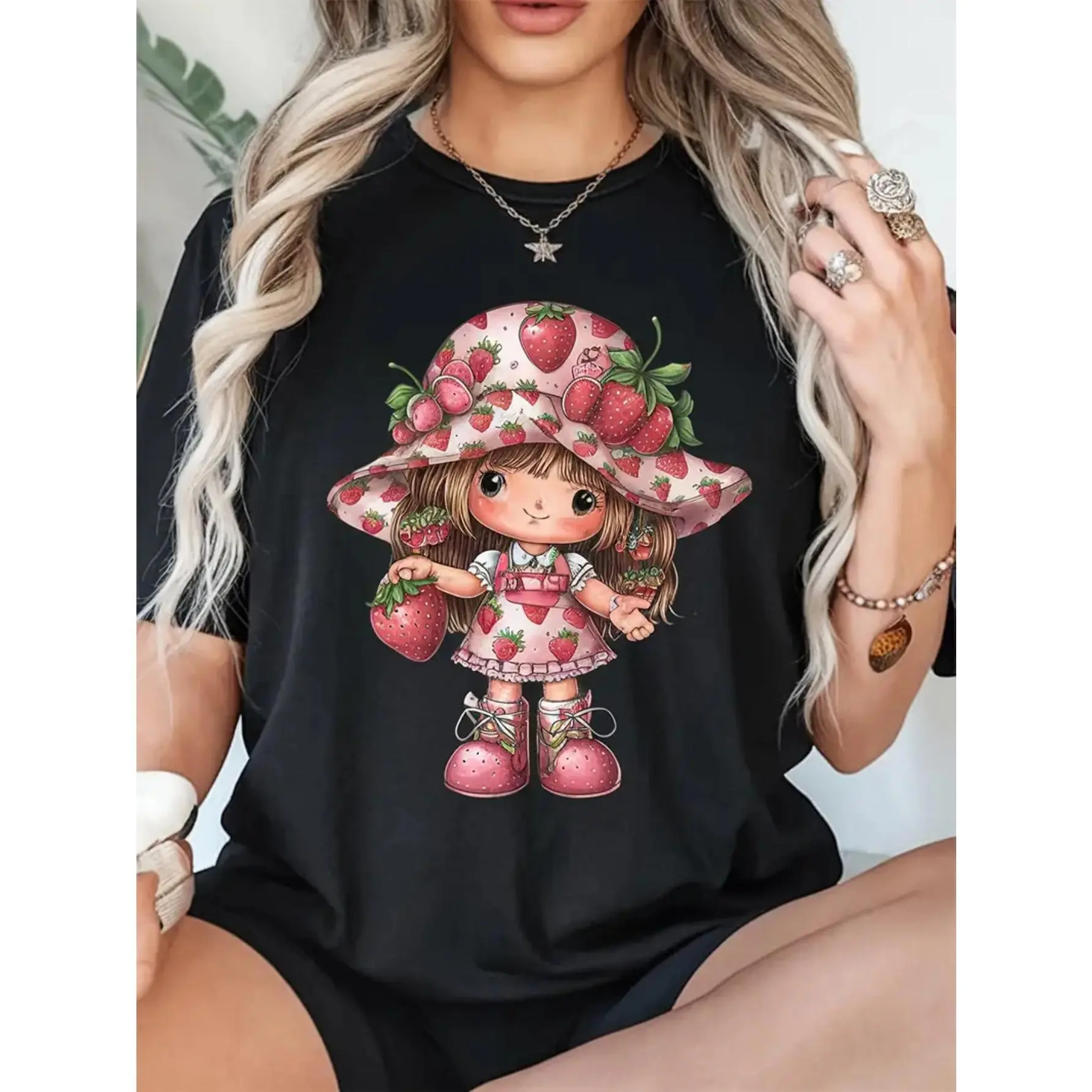 Women's Round Neck Short-Sleeve T-Shirt - Lady's Casual Top, Breathable Streetwear, Strawberry-Themed Graphic, Sweet Vibe, Plus Sizes, Shortsleeve, Women's T Shirts, Shoulder Tape, Classic Crew