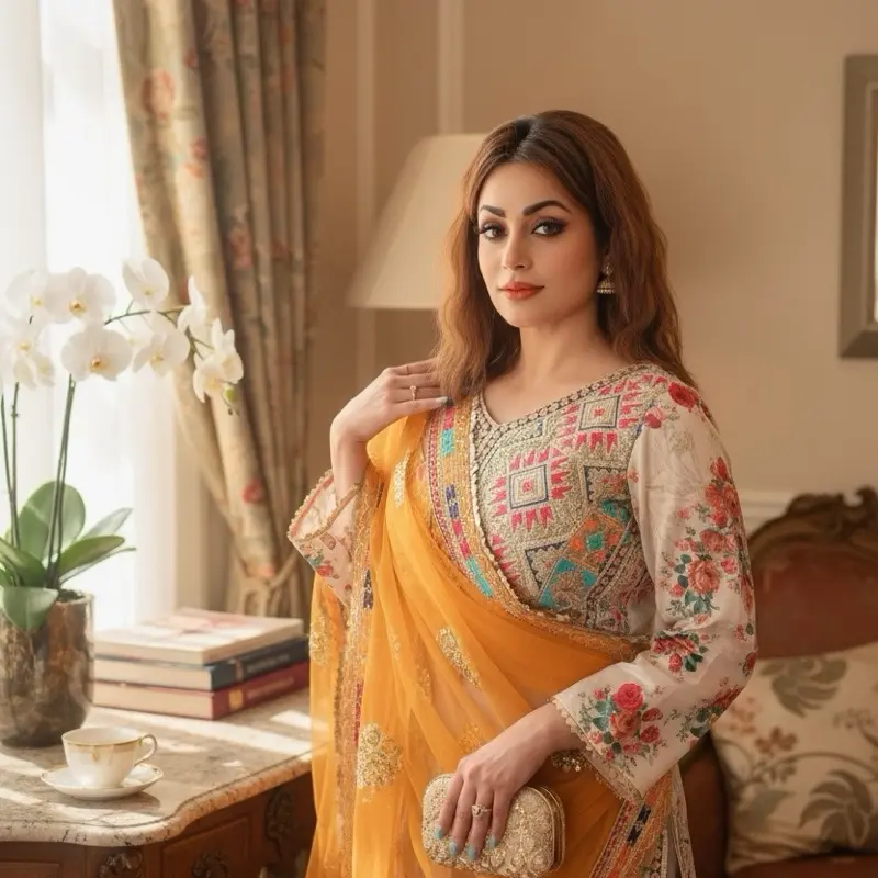 Lady's Soft Indian Embroidered Net Saree with Butterfly Sequins, Fancy Lace Border, Mustard Color & Matching Stitched Blouse