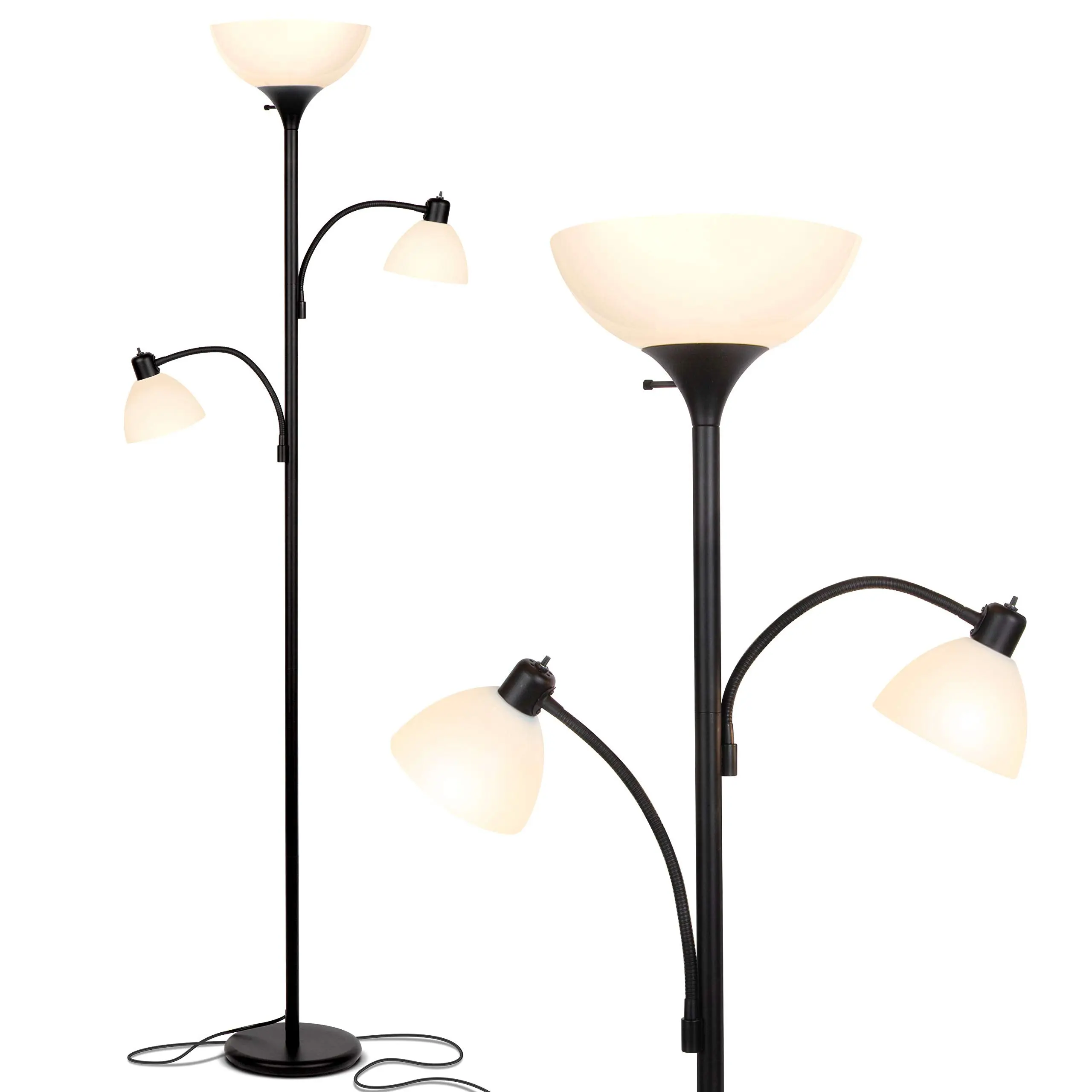 Brightech Sky Dome Double LED Floor lamp, Torchiere Super Bright Floor Lamp with 2 Reading Lamps for Living Rooms & Offices - Dimmable Tall Standing Lamp for Bedroom Reading - Tall Brass Pole