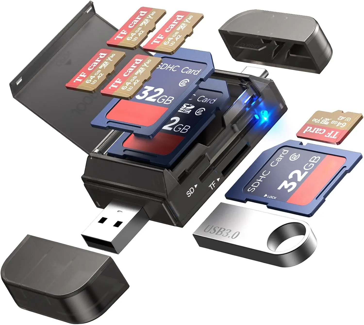 6-in-1 SD/TF Card Reader Adapter with USB A & Type C Port & USB 3.0 Slots for Micro SD/SDHC/SDXC/MMC Memory Cards, Compatible with PC, MacBook, Chromebook, Android Phone, i-Phone