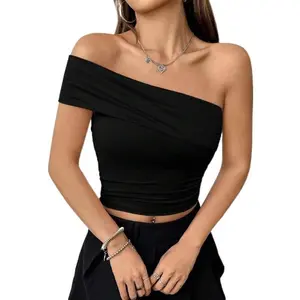 Sexy Y2K Ruched Crop Tee Shirt for Women, Solid Color Oblique Off Shoulder Short Sleeve Top, 2026 Summer Fashion Essential, Perfect for Club Party, Travel & Daily Casual Outfit