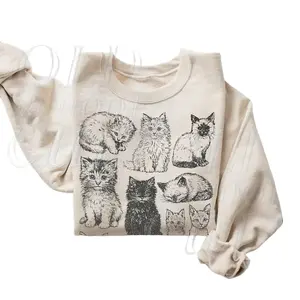 Vintage Cat Sweatshirt, Retro Kitten Graphic Pullover, Cozy Cottagecore Cat Lover Gift, 90s Style Oversized Crewneck, Cute Cat Mom Sweater