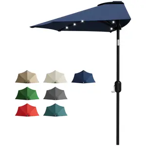9ft Half Round Outdoor Patio Umbrella with Built-in LED Lights, Space-Saving Wall Mount，Weather Resistant Half Canopy Umbrella with Crank for Balcony, Deck and Small Backyard