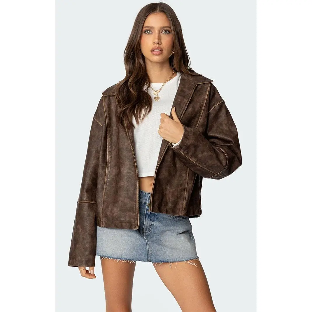 Edikted Women's Oversized Washed Faux Leather Jacket Edikted Women's Oversized Washed Faux Leather Jacket