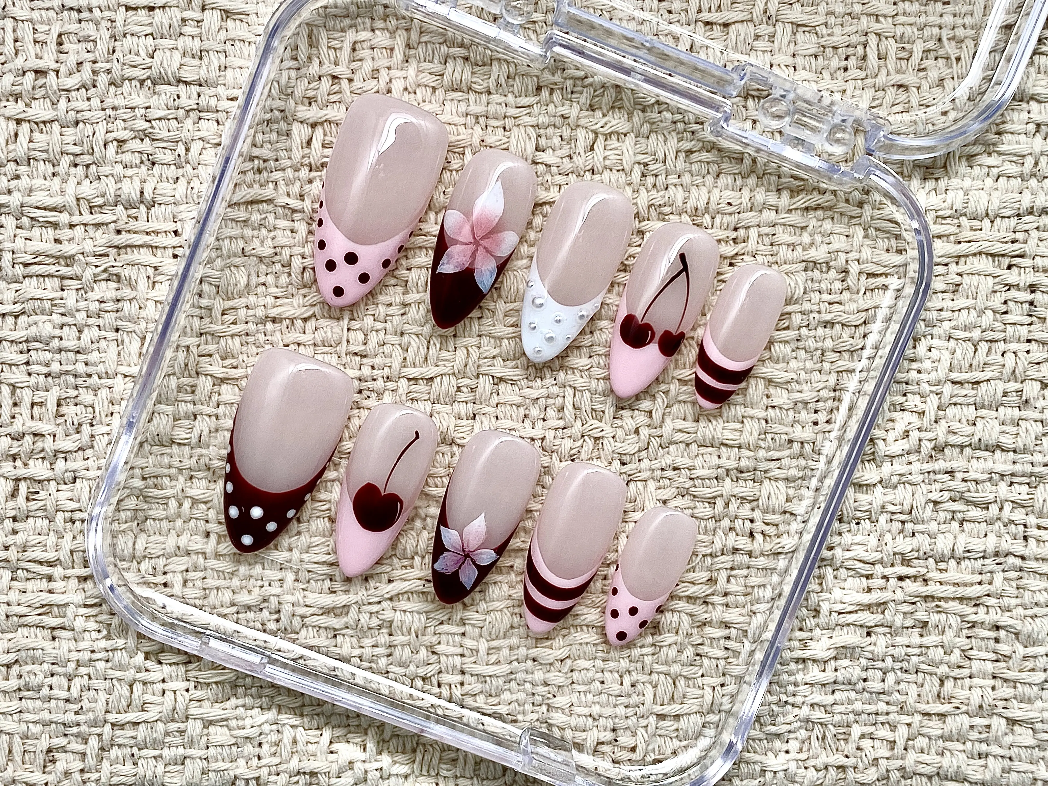 AuraNail Cherry Blossoms Summer Handmade Press-On Nails - Reusable, Salon-Quality, Long-Lasting, Unique Design