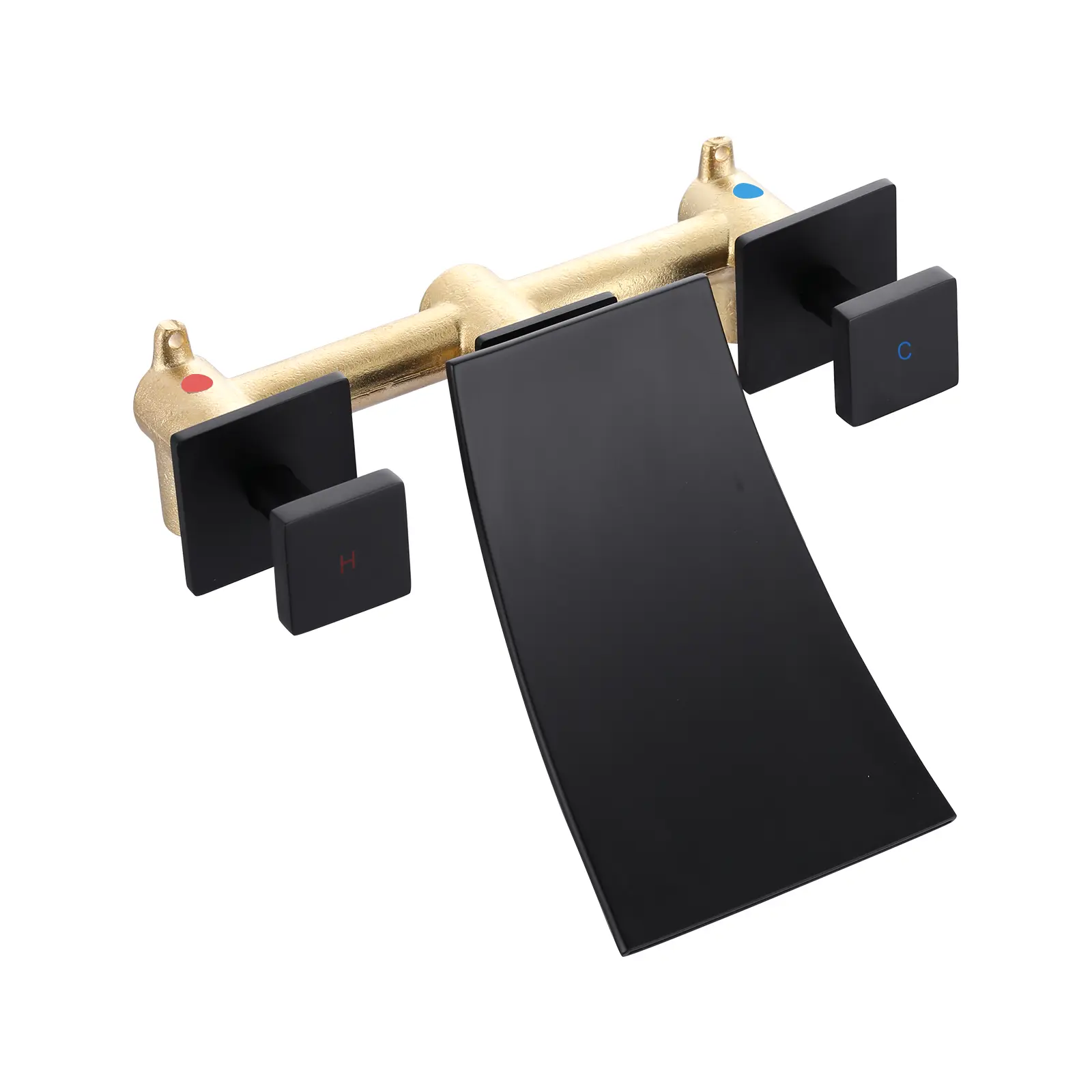 WOWOW Modern Waterfall Spout Wall-Mounted Bathtub Faucet - 3-Hole Dual-Handle Tub Filler with Faucet Attachment, High-Flow, Included Rough-In Valve, NPT Thread, Matte Black Waterfall Tub Tap, Waterfall Tub Taps