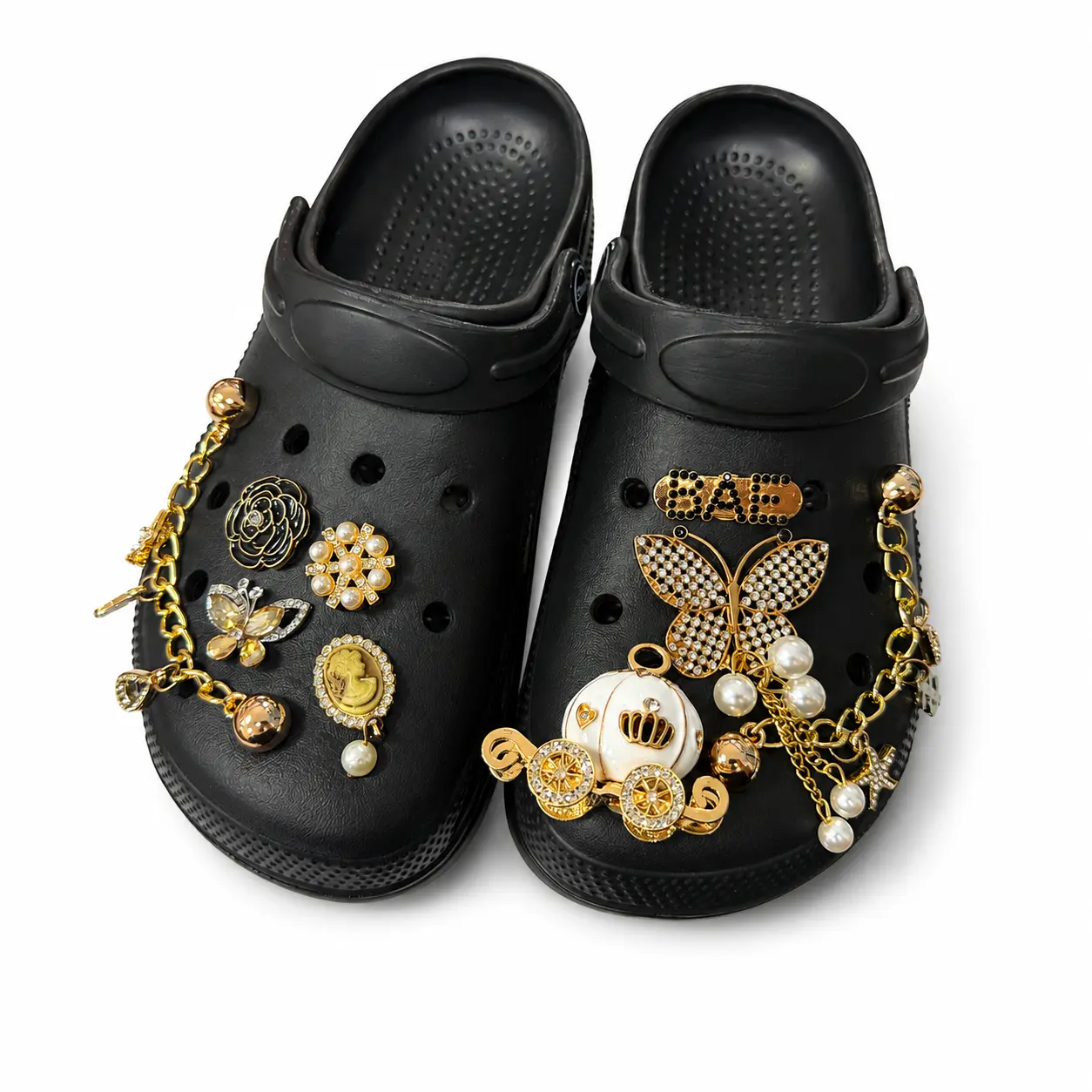 Black Clog Shoes with 9PCS Gold Bling Shoe Charms Set, Rhinestone Butterfly Pearl Flower Chain Decorations, Lightweight Slip-On Garden Sandals for Casual Indoor Outdoor Wear