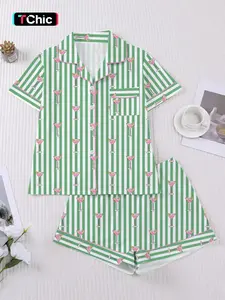 Women's Spring Summer Pyjama Set, Striped Wine Glass Print, Comfortable Shirt Collar Short Sleeve Top & Loose Elastic Shorts, Loungewear