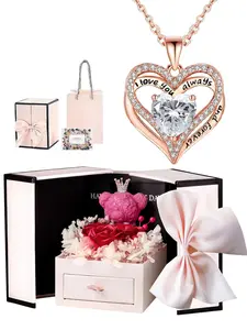 Heart Shaped Pendant Necklace with Gift Box, Cute Bear & Rose Gift Box, Fashion Jewelry Accessories for Women As Gift