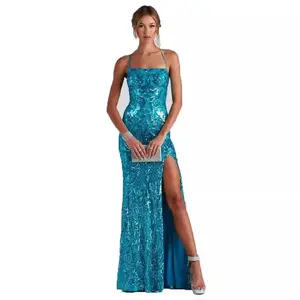 Turquoise sequin spaghetti strap maxi dress with high slit, formal evening gown for prom, wedding guest, party