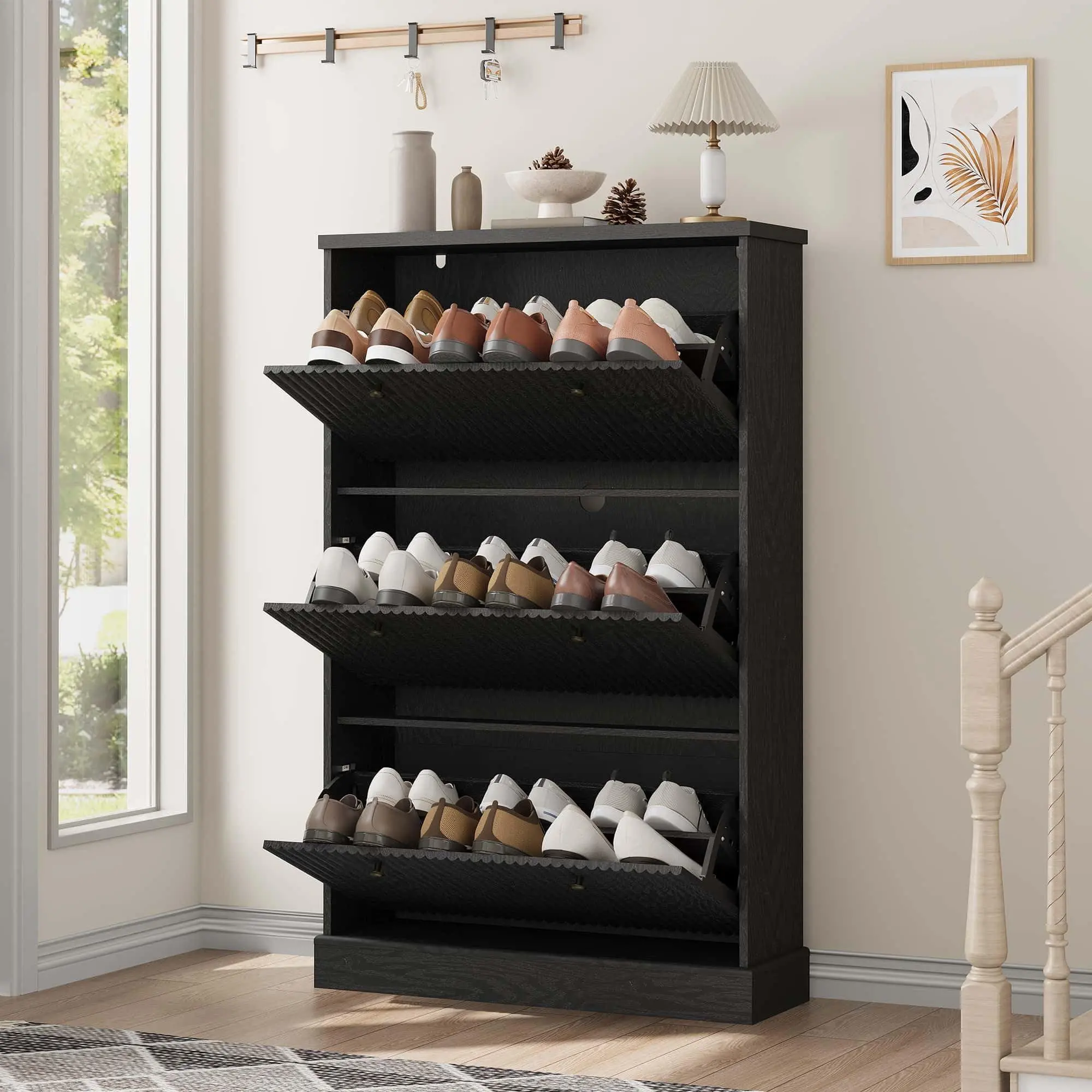Gaomon Black MDF Wooden Wall-Mountable Shoe Cabinet, 3 Flip Drawers, Hidden Fluted Design, Adjustable Shelf, Freestanding Organiser, Waterproof Entryway Storage, Easy Installation, Wardrobe-Compatible Furniture