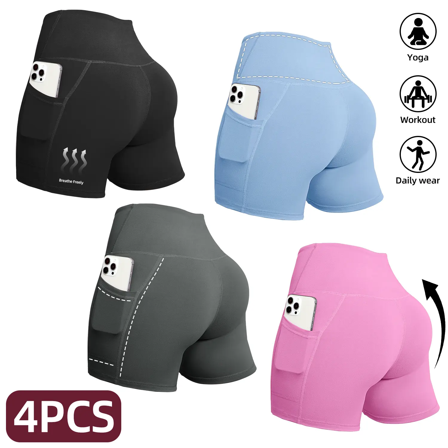4/6 Women's High Waisted Biker Shorts with pockets Spandex Booty Workout Shorts for Yoga Dance Volleyball Womenswear