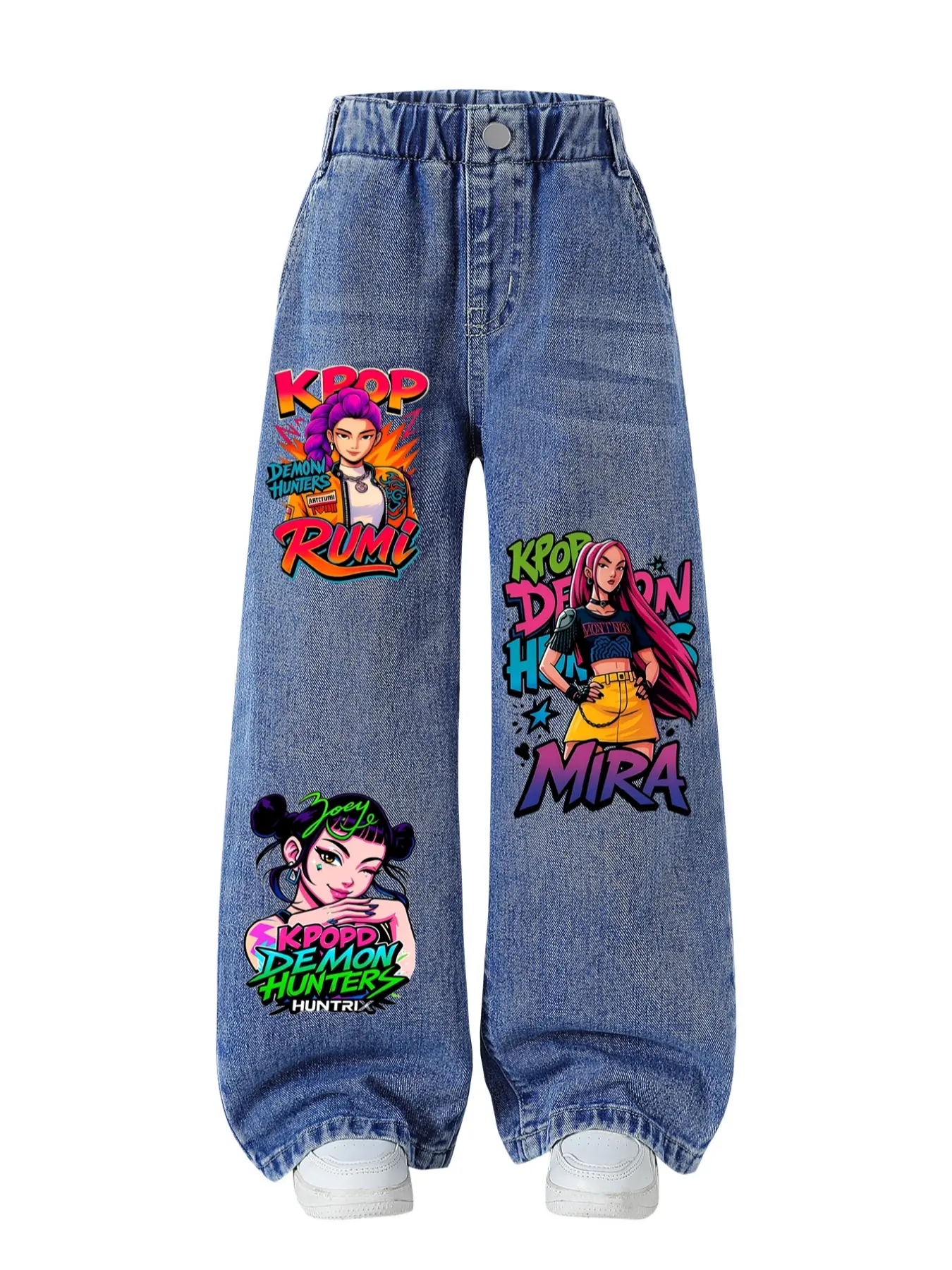 Girls' Vintage Washed Jeans, Cartoon Print Pants, Loose-Fit, Elastic Waist, Casual Style, Perfect for Daily Wear, Outdoor Activities, Ages 8 and Under, Graphic Print Jeans