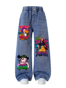Girls' Vintage Washed Jeans, Cartoon Print, Loose-Fit, Elastic Waist, Casual Style, Perfect for Daily Wear, Outdoor Activities, Ages 8 and Under