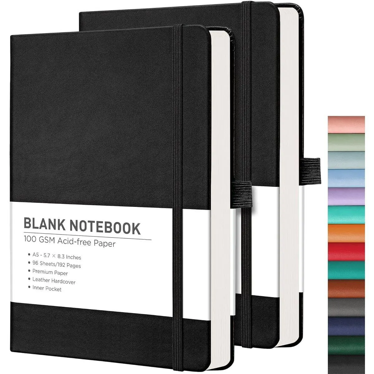 Blank Journal Notebook, 192 Pages per Pack, A5 Size (5.7'' x 8.3'') | 2-Pack, Leather Hardcover, 100 GSM Thick Paper, for Sketching, Drawing, Painting (Black & Black)