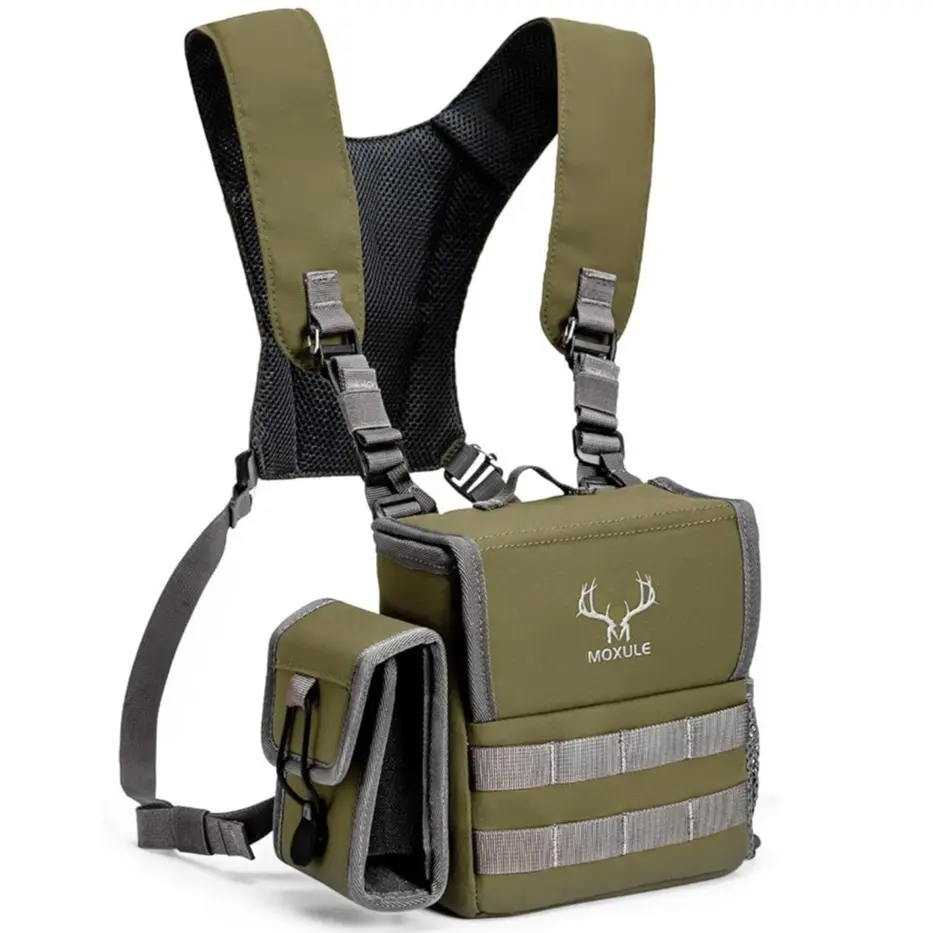 MOXULE Multifunctional Chest Bag, Padded Nylon Bino Harness with Adjustable Strap, Magnetic Closure Case for Hunting and Birdwatching, Outdoor Chest Bag, Treated Nylon, Green & Wolf Brown, Hiking / Light Outdoor, Mesh, Unisex, Hunt Gear Accessories, Water