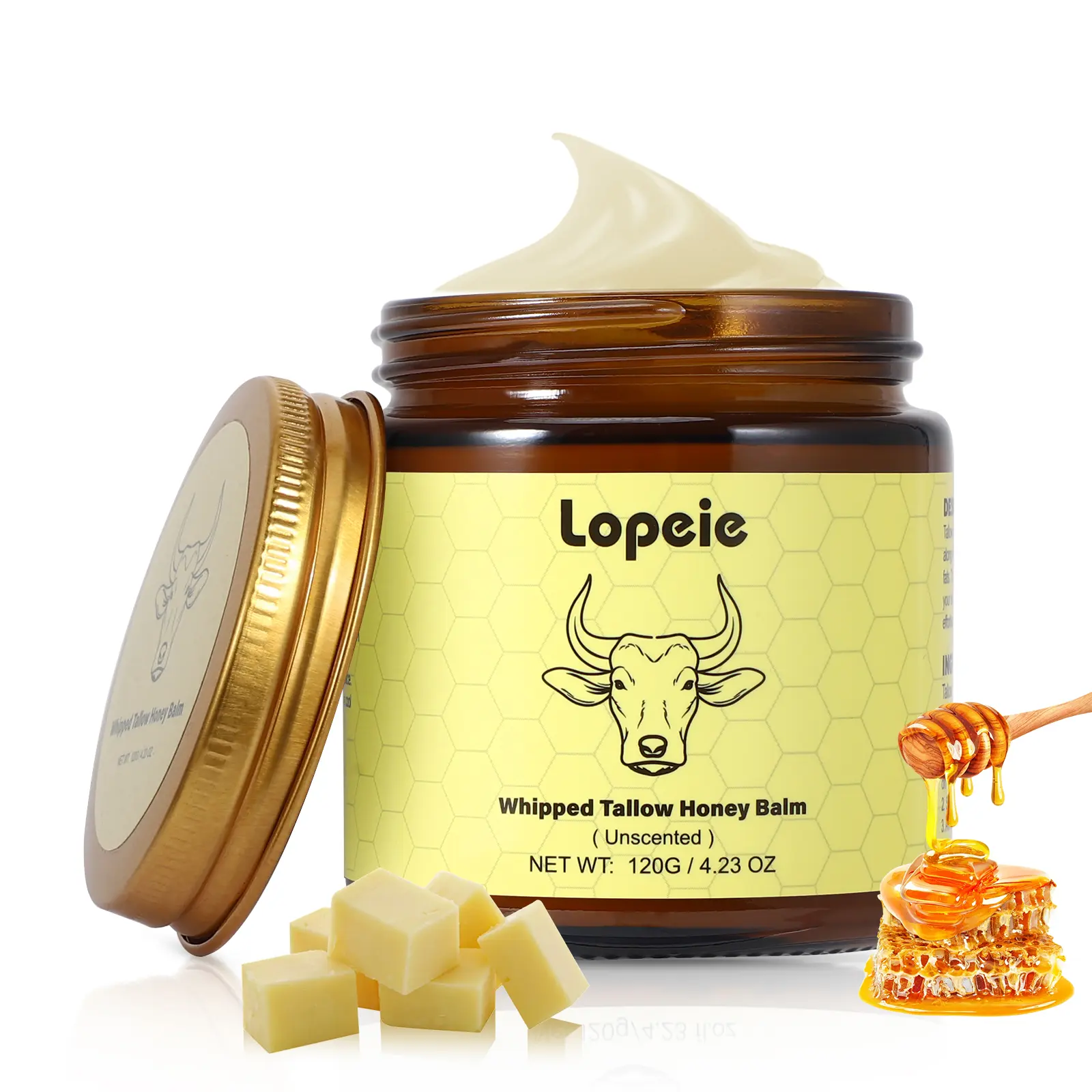 Lopeie Whipped Grass-Fed Beef Tallow Honey Balm - 4 Oz,Moisturizing Cream for Soft, Smooth Skin - Handmade All-Natural Moisturizer - Unscented, hydrating, comfort, moisture boost cream, luminous firming cream, body care, hydrating dry skin