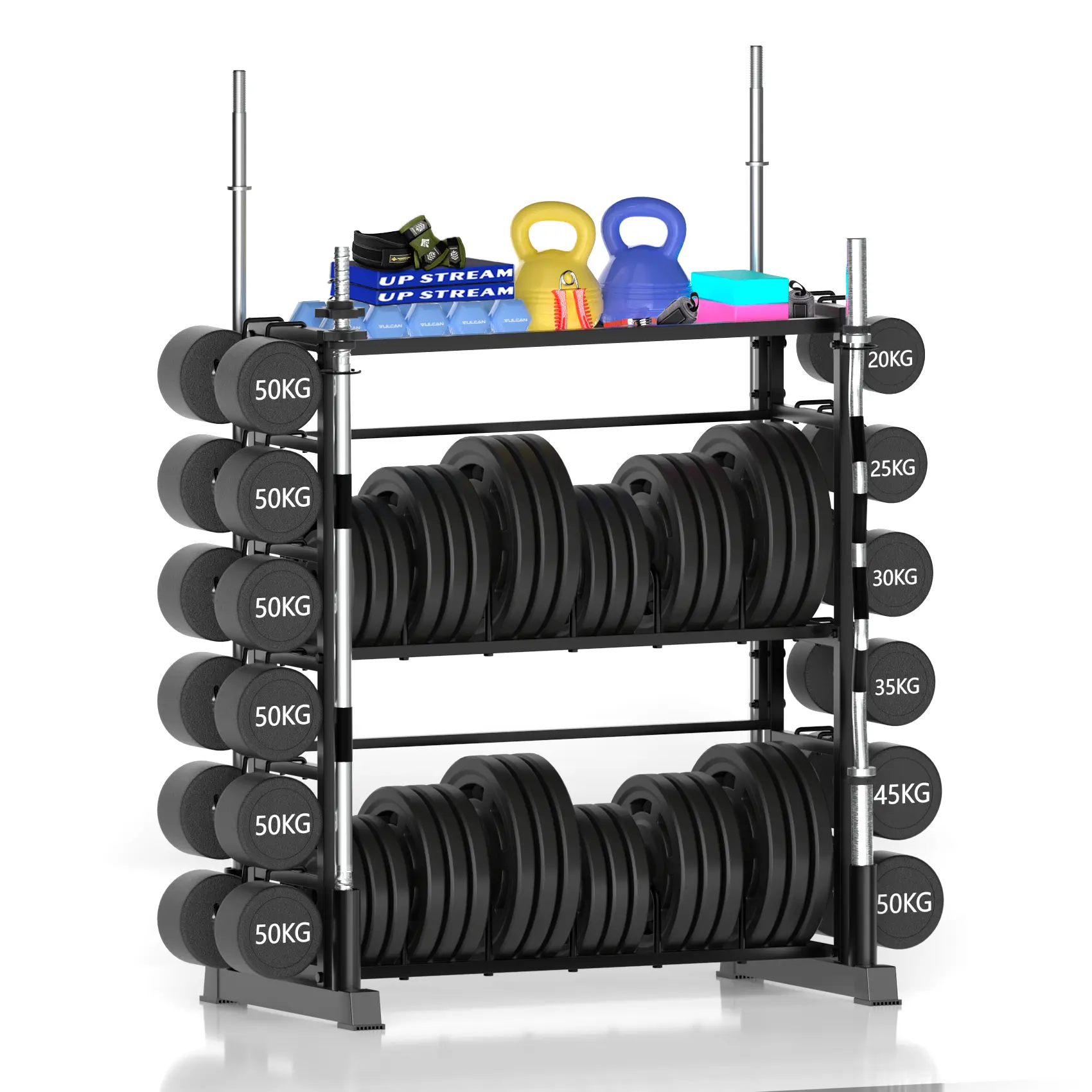 2700lbs Heavy Duty 3 Tier Weight Rack with Barbell Holder and Side Dumbbell Storage, All-in-One Plate and Kettlebell Organizer for Garage Gym, Vantage Mounts