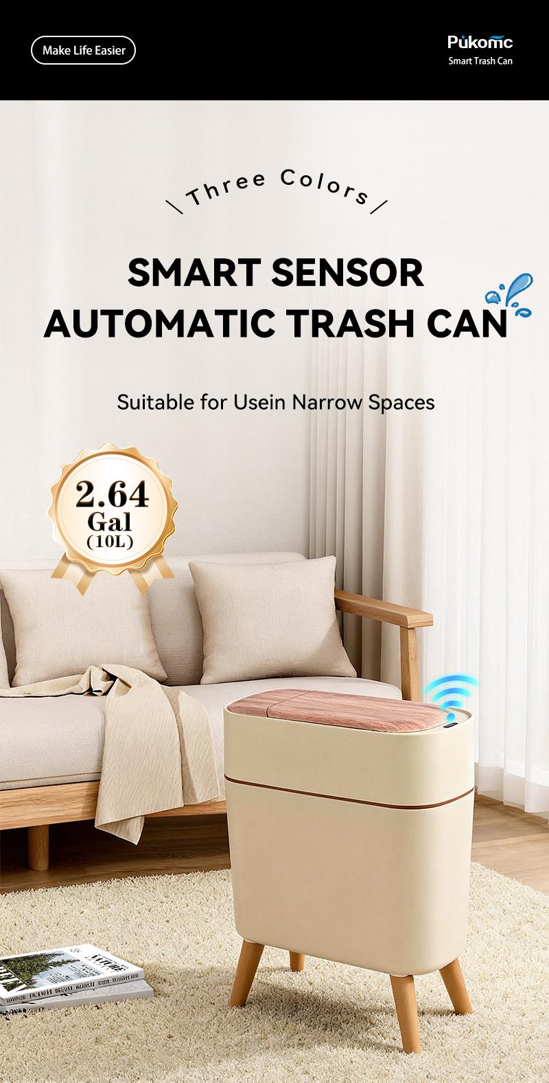 Pukomc Smart Sensor Trash Can with Wood Grain Lid, Automatic Motion Sensor Garbage Bin for Kitchen, Bathroom, Office