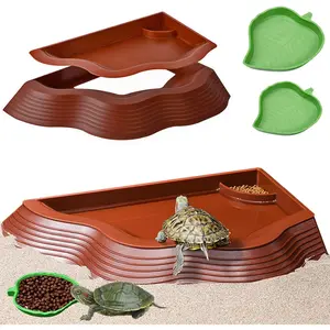Tortoise Water Bowl with Ramp, 3PCS Leaf Reptile Food Water Dish Turtle Bathing Soaking Pool Aquarium Habitat Accessories for Small Reptile