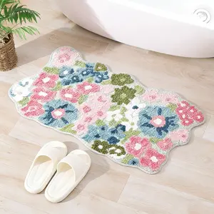 Colorful Floral Bathroom Rug, Cute Plush Non-Slip Soft Flower Mat, Washable, Farmhouse Style, Carpet for Vanity, Bathtub, Entryway, Bathroom Mats