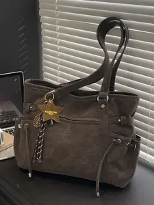 Women's Vintage Large Capacity Tote Bag, Slouchy Tote, Pentagram Pendant Drawstring Design Casual Daily Shoulder Bag, Stylish and Practical Handbag