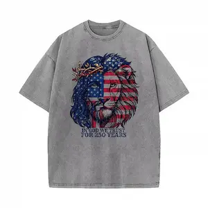 Vintage Washed "250th Anniversary Jesus Lion American Flag" Graphic Tee - Faith-Based Independence Streetwear  "In God We Trust Patriotic Lion" Cotton T-Shirt - Religious American Casual Top
