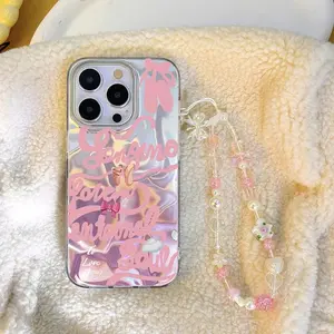 Love Heart Flower Rose Bow Pattern Phone Case with Chain, Decorative Phone Protector Cover, Phone Accessories Compatible with iPhone 15 14 16 Pro, Casing