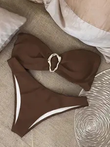 Brown Bow Front Two Piece Bikini Set for Women, High Cut Bathing Suit with Gold Metal Buckle, Summer Beach Pool Swimwear