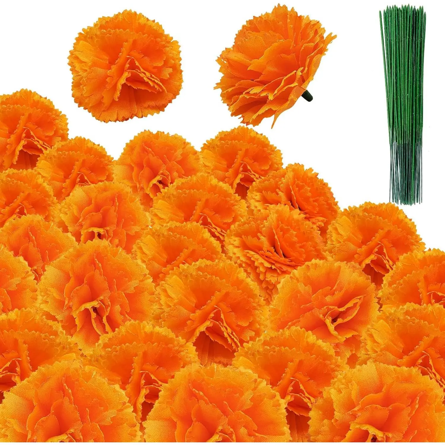 Marigold  Artificial - 80  Silk Flower Heads with 30 Stems for Diwali Decor, Day of The  Altar,  Garland Making (2" Blooms, ) (Orange 80)