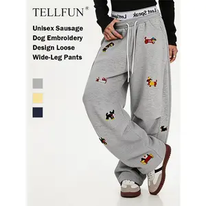 TELLFUN Men's Unisex Dog Embroidery Casual Comfy Joggers, Loose-Fit Baggy Barrel-Leg Sweatpants, Stretch Fabric, Drawstring Waist, Y2K Streetwear Casual Bottoms, Baggy Sweatpants