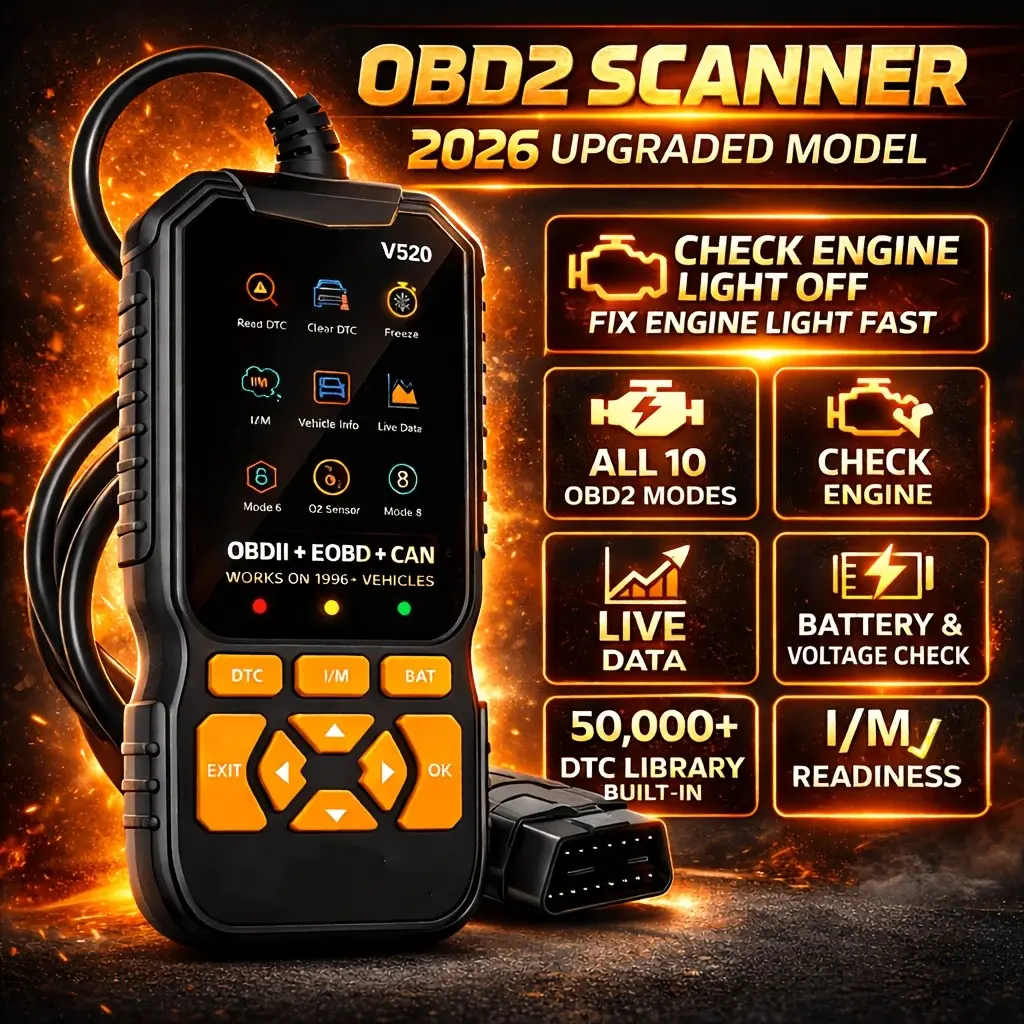 V520 Professional Obd2 Scanner, Engine Fault Detector, Code Reader, Automotive Diagnostic Tool, Battery Tester, Supports 10 Languages, Compatible with Obd Ii Vehicles