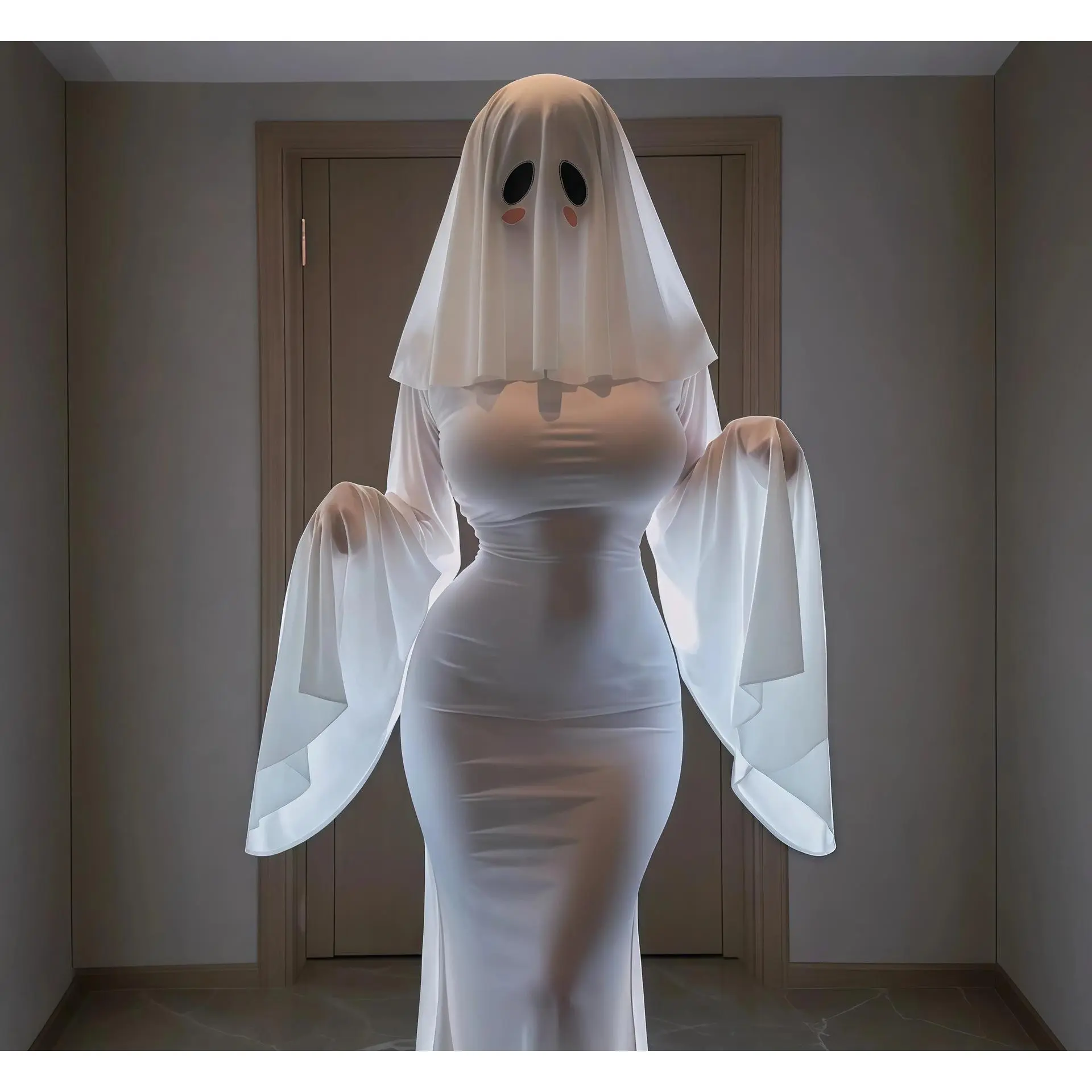 Women's Ghost Girl Halloween Costume - Sexy Hooded Polyester White Dress with Mask, Chain Accessories for Cosplay, Halloween Last Minute Costumes, Cosplay Gear, Comfortable, Costumes For Halloween