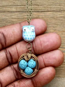 Turquoise Owl Necklace, Diffuser Necklace, Bird's Nest Necklace, Lava Bead Necklace, Aromatherapy Necklace, Gift For Mom.