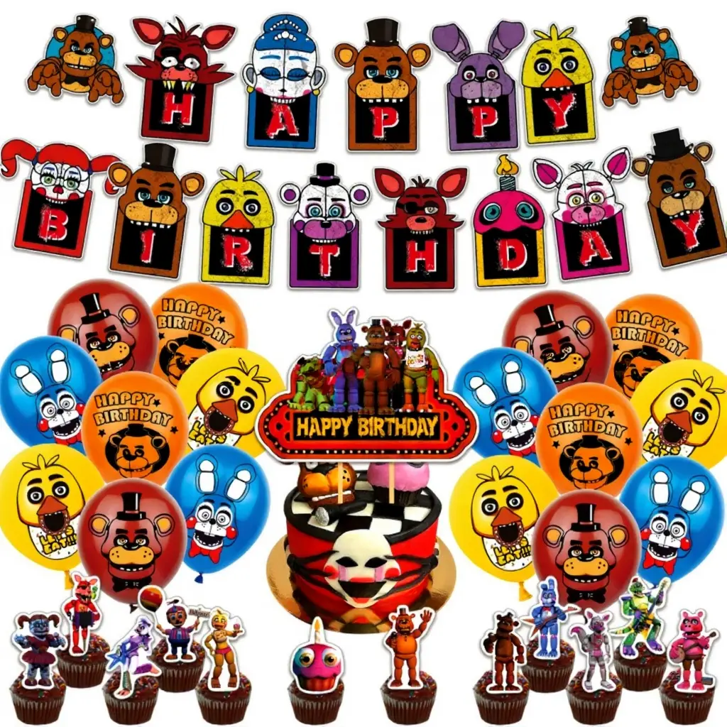 New FNAF Toys “Five Nights at Freddy’s” Palace birthday decoration set featuring a bear—includes children’s party balloons, a flag banner, and cake toppers