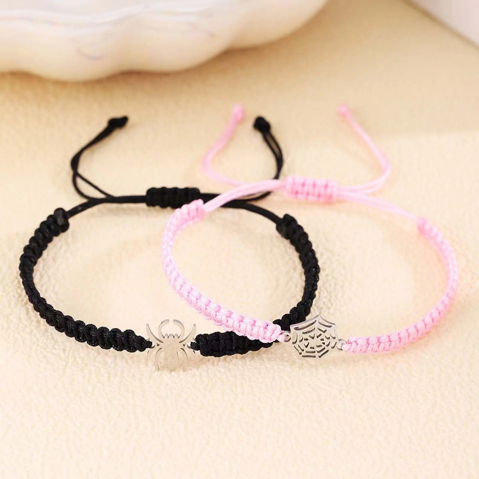 Spider Web Couple Matching Bracelet Set - Stackable Braided Adjustable Strap Bracelets with Charms, Boho Style Beaded Jewelry for Daily Wear, Stackable Bracelets