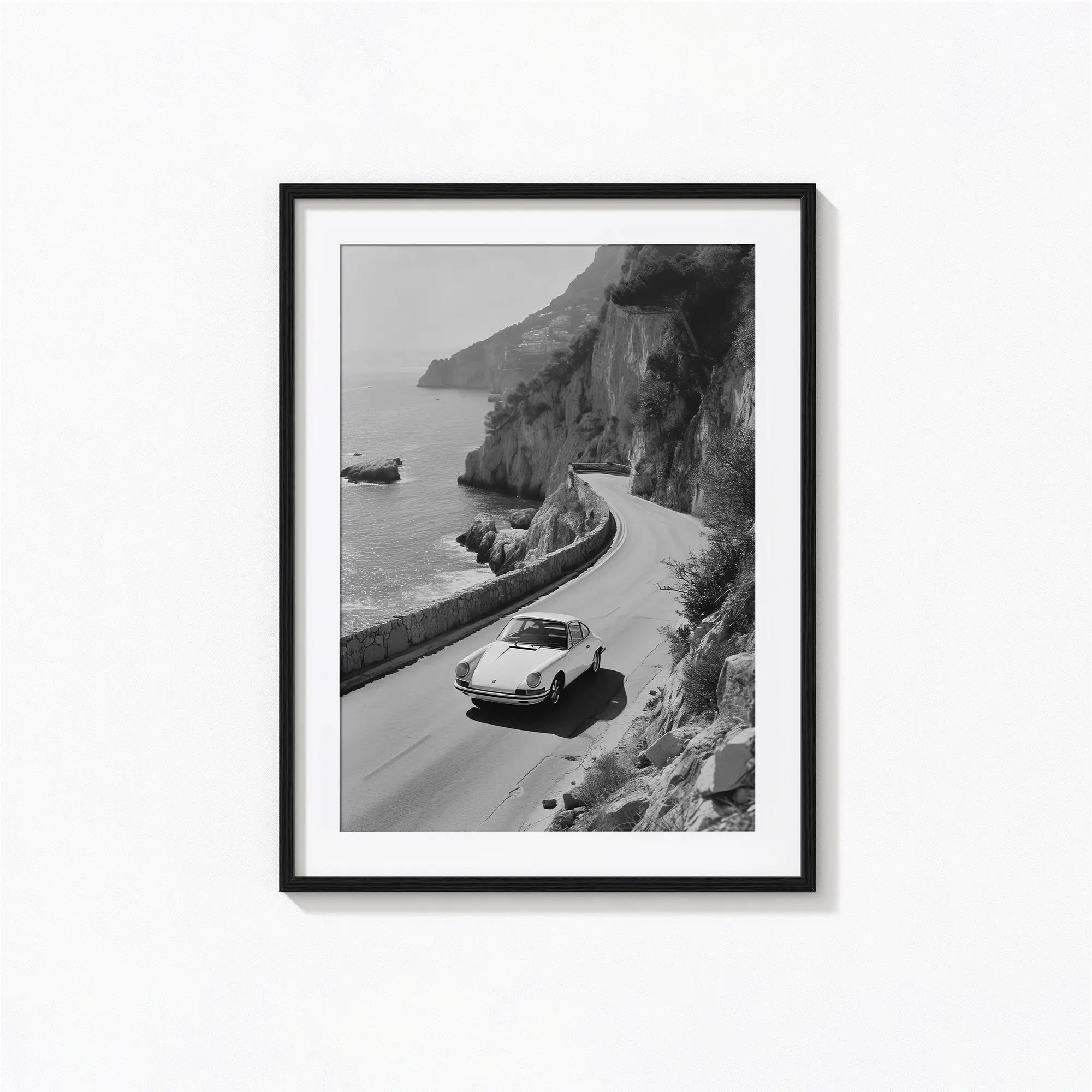 Porsche 911 Print, Amalfi Coast Italy, Porsche Black and White Wall Art, Vintage Print, Photography Prints, Museum Quality Photo Print
