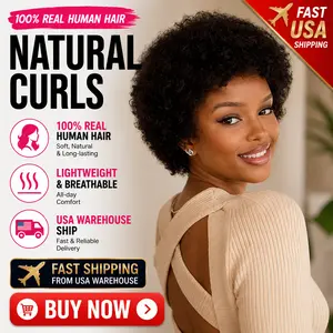 IFLY Glueless Wear and Go Human Hair Wigs for Black Women - 10" Short Kinky Afro Curly Bob Wig - No Glue No Lace Afro Puff