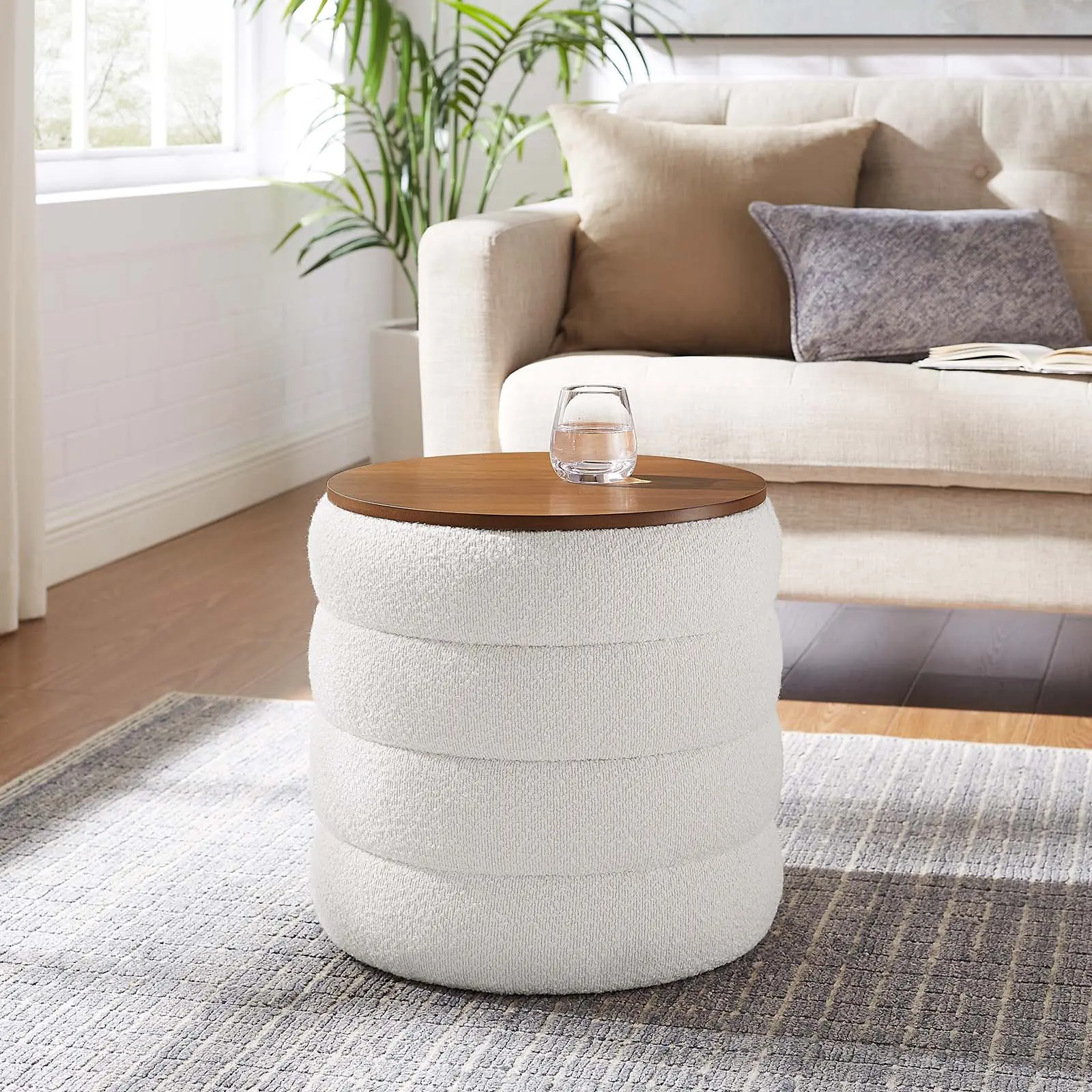 Modway Mezzo Round Boucle Fabric Ottoman with Storage, Upholstered Storage Ottoman for Living Room Decor, Modern Upholstered Living Room Furniture, Furniture Living Room